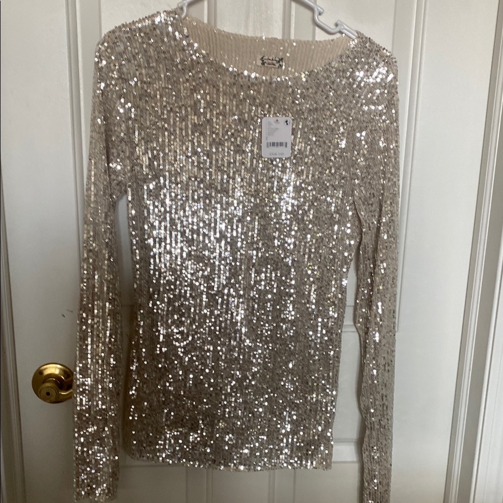Free People Silver Cream Sequin Long Sleeve Tee